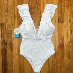 Women’s White One Piece Swimsuit Sz Medium Ruffle